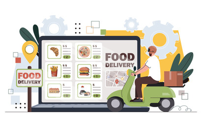 Food delivery service concept. Courier at scooter near digital tablet. Fast food and takeaway eating. French fries and hamburger. Cartoon flat vector illustration isolated on white background