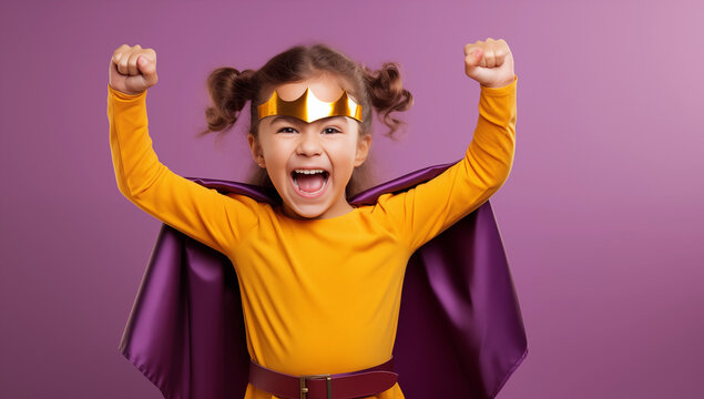 young boy child in a superhero costume, striking a triumphant pose with a smile, brave and confidence Superhero concept.