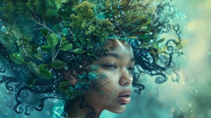 Portrait of a beautiful African American mother earth with afro hair filled with green leaves.