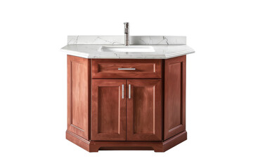 A luxurious bathroom vanity featuring a sleek marble top and a warm wooden cabinet