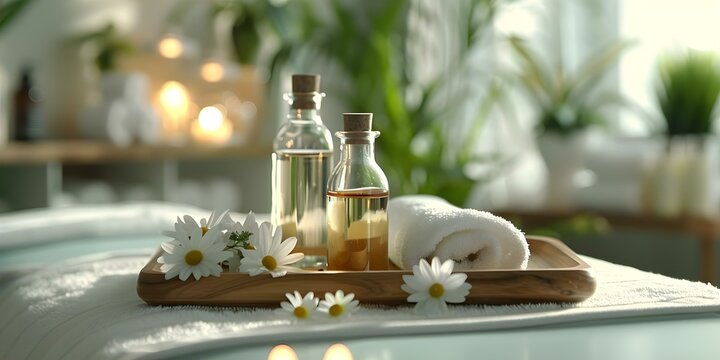 A serene spa setting with a tray of aromatherapy oils for a relaxing massage treatment in a luxurious wellness room. Concept Spa Setting, Aromatherapy Oils, Massage Treatment, Wellness Room