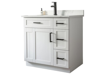 A white bathroom vanity with drawers and a sink holds a sense of calm and luxury in a modern space