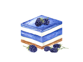 Square cake with berry yoghurt cream. White and blue mousse. Ripe blackberries on dessert. Slice of cheesecake, tart. Watercolor illustration isolated on white. For recipe, menu, package design