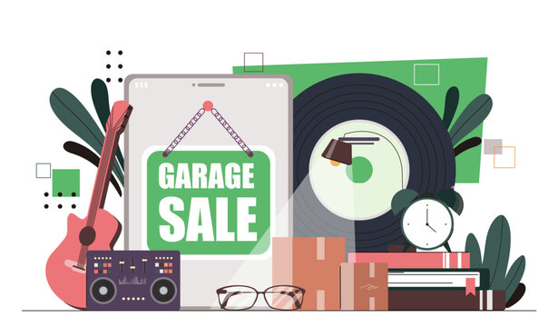 Garage Sale Online Concept. Guitar And Vynil Plastic Disc. Items For Sale. Store And Shop For Neighbors. Second Hand Books. Cartoon Flat Vector Illustration Isolated On White Background