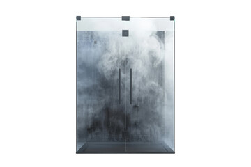 A glass shower door releases billowing steam, creating a dreamy and relaxing atmosphere