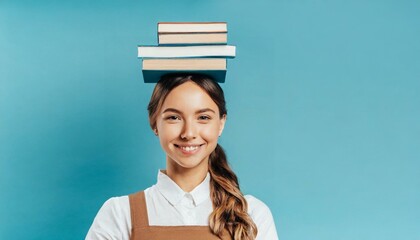 Happy young woman with stacked books on her head, isolated on blue background, with copy space 11.jpg, Happy young woman with stacked books on her head, isolated on blue background, with copy space