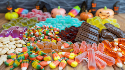 Fototapeta na wymiar Assorted Halloween Candies on Table