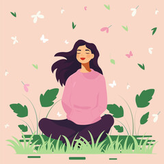 Vector flat illustration of a young carefree girl meditating on green grass.
