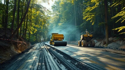 A paver machine paving a new road through the forest. Generated AI image - obrazy, fototapety, plakaty