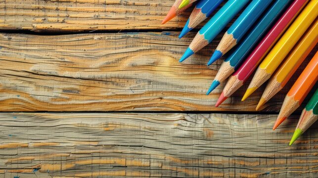 Multicolored wooden pencils group on the rustic wooden table. AI generated image