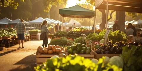  An early morning farmers market scene, bustling with vendors and customers, fresh produce on display, capturing the essence of local commerce and community. Resplendent. © Summit Art Creations
