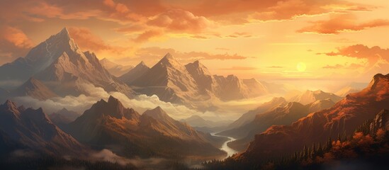A painting of a mountain range under an early sunset, with golden hues casting a warm glow over the peaks and valleys in the early evening. The sun is setting behind the mountains, creating a stunning