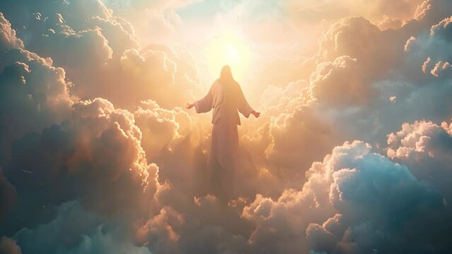 God in the clouds. The resurrected Jesus Christ ascending to heaven above the bright light sky and clouds and God, Heaven and Second Coming concept 4k video