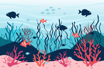 Fototapeta na wymiar Undersea world. Underwater seascape, tropical schools of colorful fish, carp, reefs and algae. Sea bottom. Vector illustration for design.