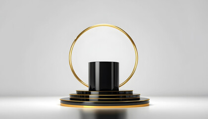Opulent product showcase shiny black glass podium with gold trim, luxury platform base pedestal stand, luxury cosmetic product base pedestal stand