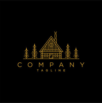 Cabin logo design illustration. Cottage template design with minimalistic line art