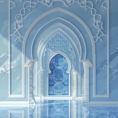 A blue door with a white arch, adorned with a crescent moon drawing, adding an artistic touch to the facade. The aqua hue complements the azure sky, creating a captivating fixture
