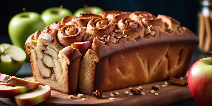 Apple Cinnamon Bread on a Cutting Board. A loaf of bread with a golden brown crust sits on a wooden cutting board. The bread appears to be sliced with crumbs around it.