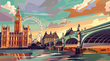 abstract illustration of london england big ben in the background river and bridge in the foreground