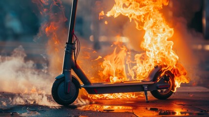 A scooter is on fire and is surrounded by smoke
