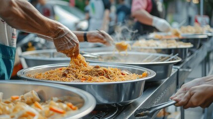 A man is serving food from a silver tray to a group of people - obrazy, fototapety, plakaty