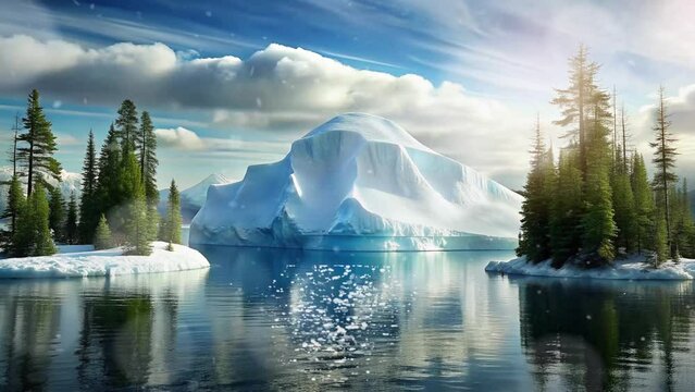 iceberg on the side of the lake with some trees and blue sky and shining sun