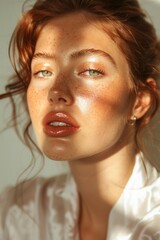Fototapeta premium Portrait of Woman with Flawless Skin in Soft Natural Light