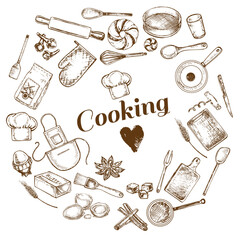 Hand drawn sketch illustration with cooking items. Bakery products. Flour, spoons, fork, sieve, apron, oil - 768152559