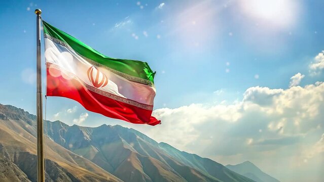iran flag with mountains background and sunlight sparkles with empty space on the right side