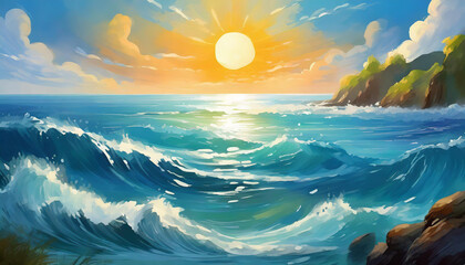 Oil painting of sunset over the ocean with sun in cloudy sky. Sea waves. Natural landscape.