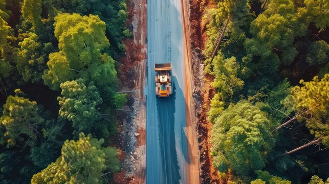 A paver machine paving a new road through the forest. Generated AI image