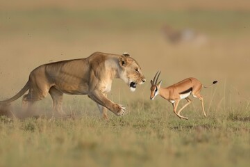 Naklejka premium A lion in hot pursuit of a gazelle in a vast open field, showcasing the raw intensity of the hunt, The tense moment before a lioness pounces on a gazelle, AI Generated