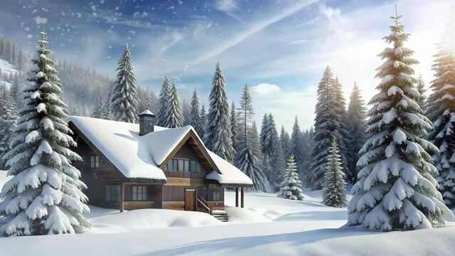 wooden house covered in snow and surrounded by big trees and there is snowfall