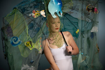 A woman poses with a unique headpiece made of a fishing net adorned with colorful sea creatures, conveying creativity and environmental themes