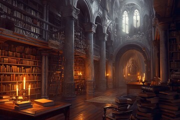 An ancient library with towering bookshelves, hidden alcoves, and magical glowing manuscripts. Resplendent. - obrazy, fototapety, plakaty