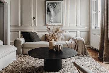 
A sleek round coffee table positioned elegantly on a plush beige rug, juxtaposed against a cozy sofa exuding comfort and relaxation.