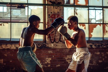 A photo capturing two young men standing side by side, showcasing their companionship and camaraderie, Two young amateurs practicing boxing in a rundown gym, AI Generated