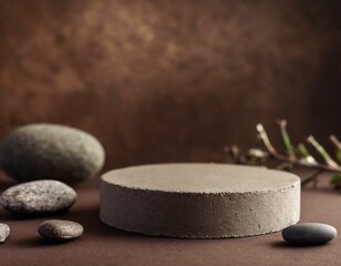  Empty round concrete round platform podium for cosmetics or products with stones on brown background. Minimalistic background with natural materials, dark colors