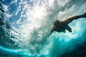 Obraz premium A man swims under a large wave in the ocean, showcasing his athleticism and love for the water, Underwater view of a surfer skillfully maneuvering through a wave, AI Generated