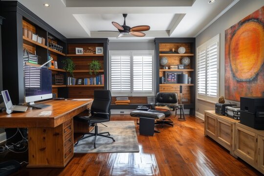 A photo depicting a functional home office space with a sturdy desk, ergonomic chair, and a tall bookshelf filled with books, Transformation of a home into an office, AI Generated