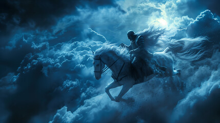 Ancient warrior knight flying on white horse in the blue clouds - obrazy, fototapety, plakaty