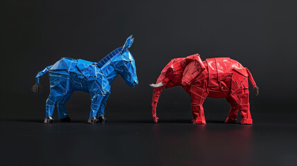 blue donkey and red elephant on a black background Which Present democrats and republicans - obrazy, fototapety, plakaty