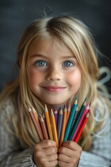 A little blue-eyed girl with blond hair holds colored pencils in her hands.