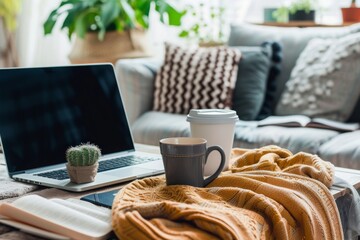 A laptop computer is placed on top of a wooden table, Use of technology for seamless work from home transition, AI Generated