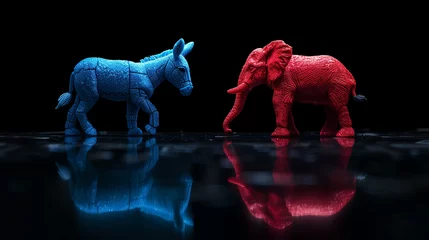 Zelfklevend Fotobehang blue donkey and red elephant on a black background Which Present democrats and republicans © Ummeya