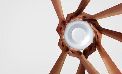 Community Food Bank or Global Hunger Crisis as a diverse group representing world famine and international distribution as hands holding an empty dinner plate as a hungry population starving for nutri - obrazy, fototapety, plakaty