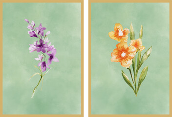 Tranquil Blossoms: Elegant Light Green Greeting Card Set with Watercolor Flowers (Set of 2), Panel painting designs 