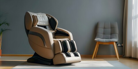 Electric Massage Chair for Full-Body Relaxation, Pain Relief, and Circulation Enhancement. Concept Massage Techniques, Relaxation Benefits, Pain Management, Circulation Improvement, Chair Features - obrazy, fototapety, plakaty