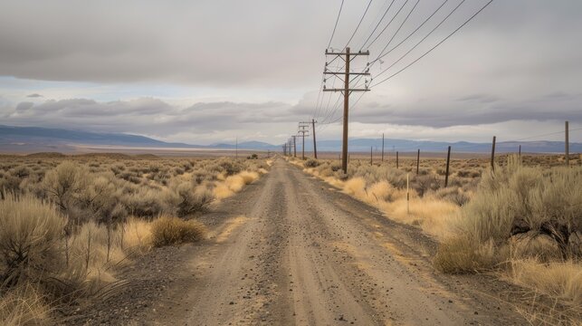 Power supply electricity pylon lines running alongside a dirt road or desert. AI generated image