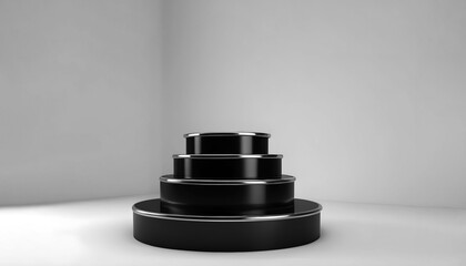 Sophisticated elegance shiny black glass podium on white background, 4 step platform base pedestal stand